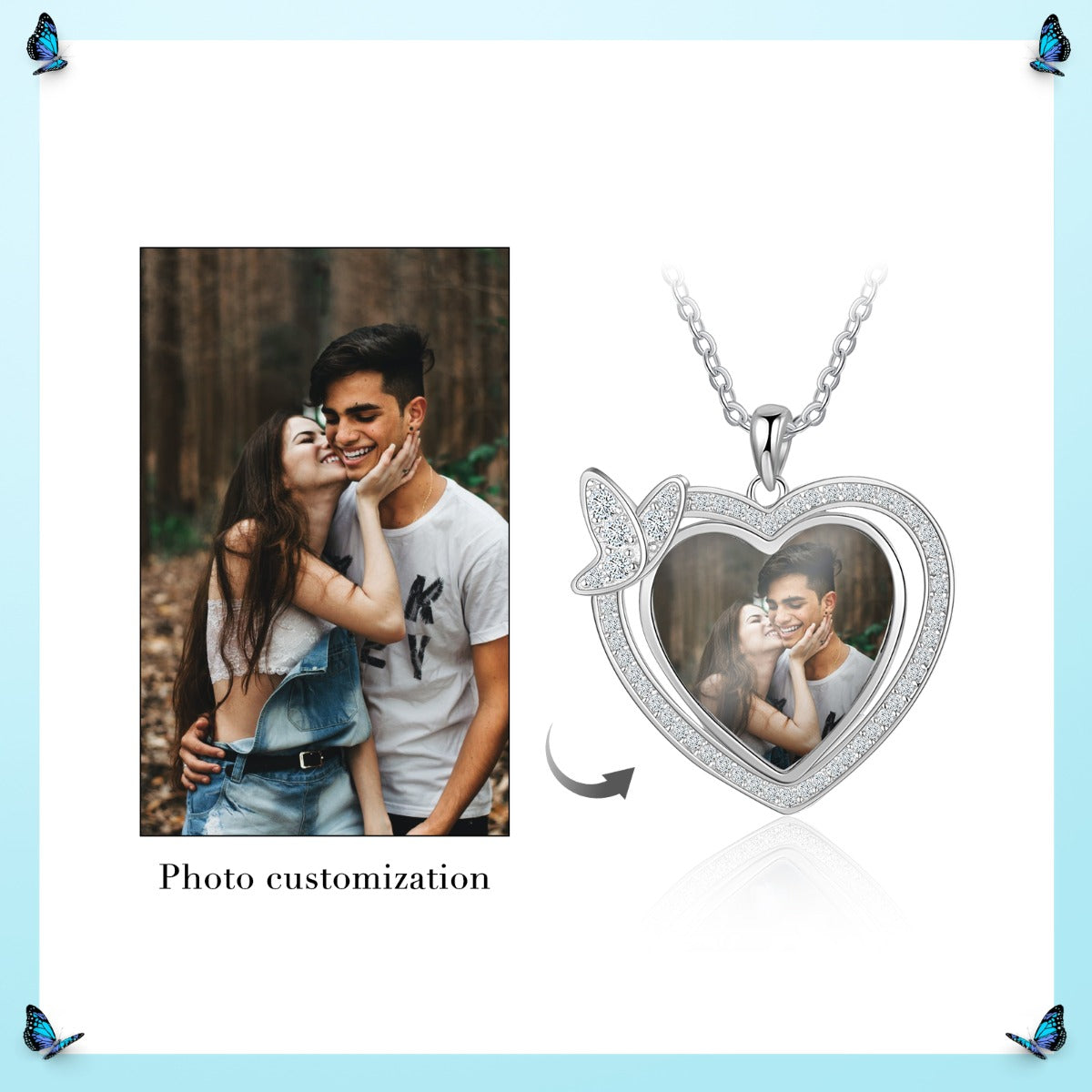 Personalized Rhodium Plated Butterfly Heart Shape Necklace