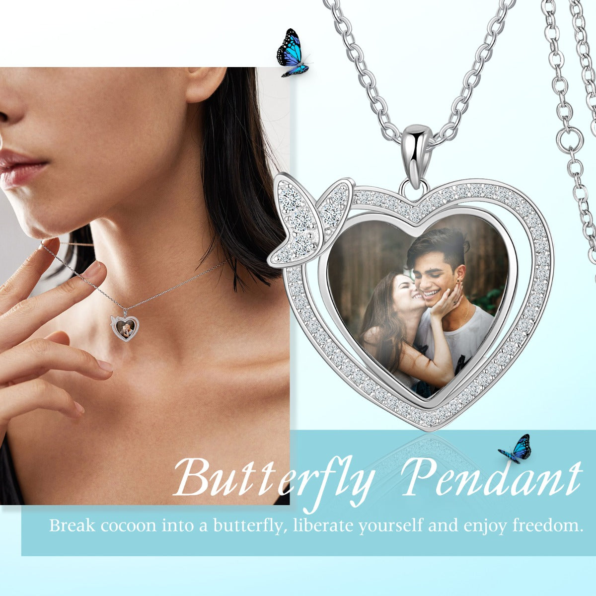 Personalized Rhodium Plated Butterfly Heart Shape Necklace