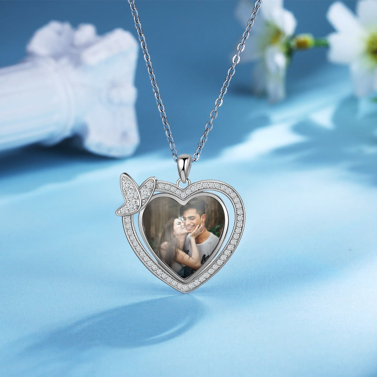 Personalized Rhodium Plated Butterfly Heart Shape Necklace