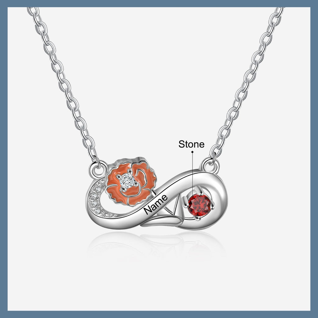 Rhodium Plated Infinity Necklace with Birthflower