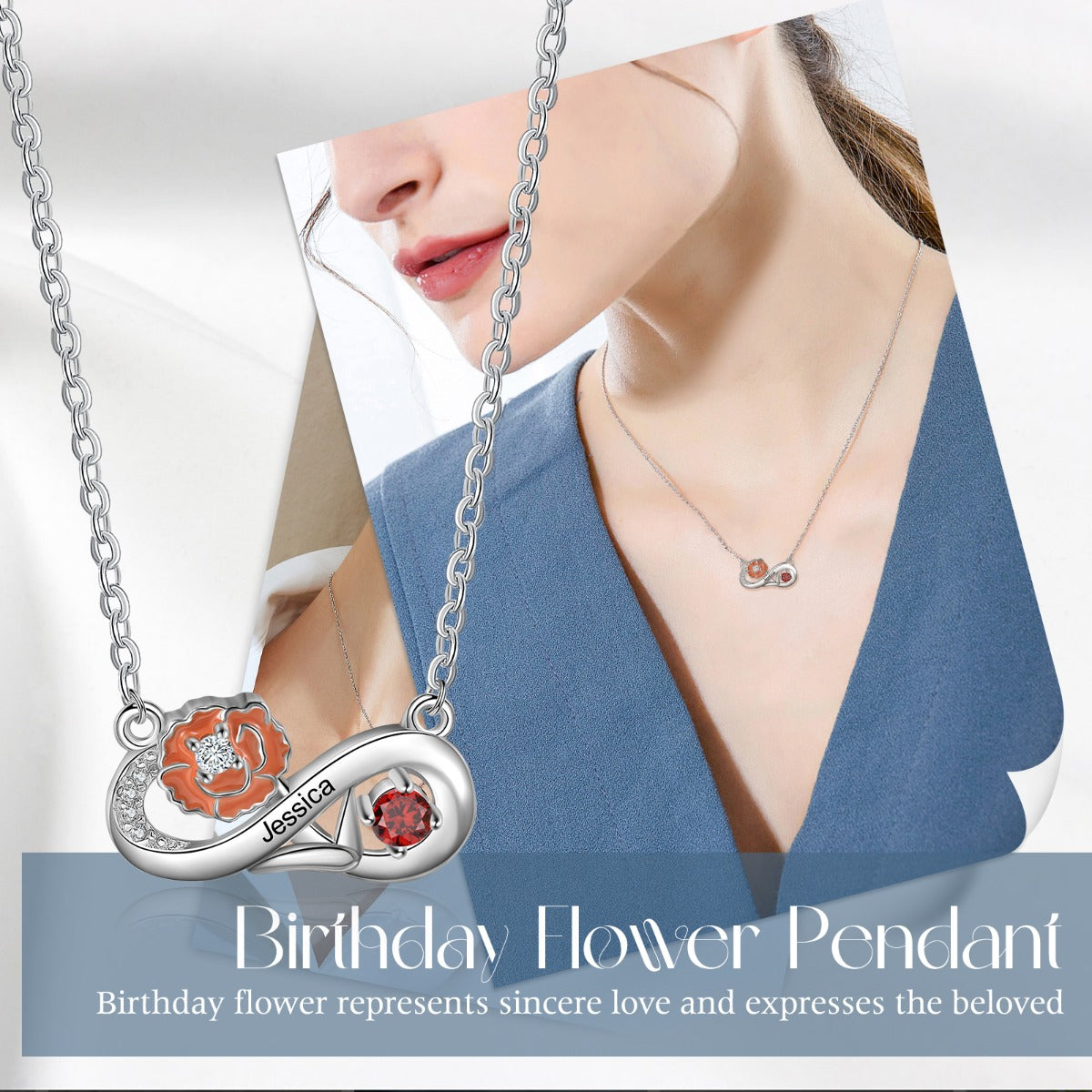 Rhodium Plated Infinity Necklace with Birthflower