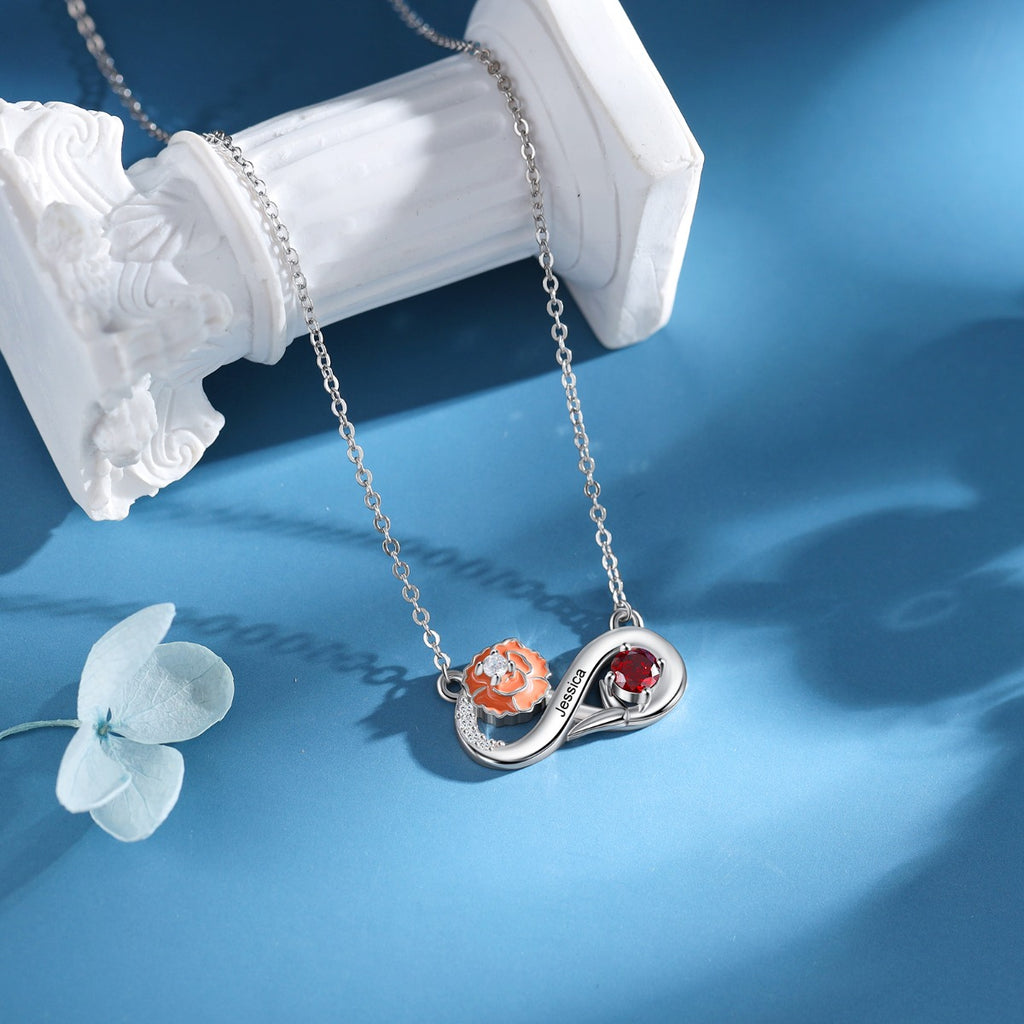 Rhodium Plated Infinity Necklace with Birthflower