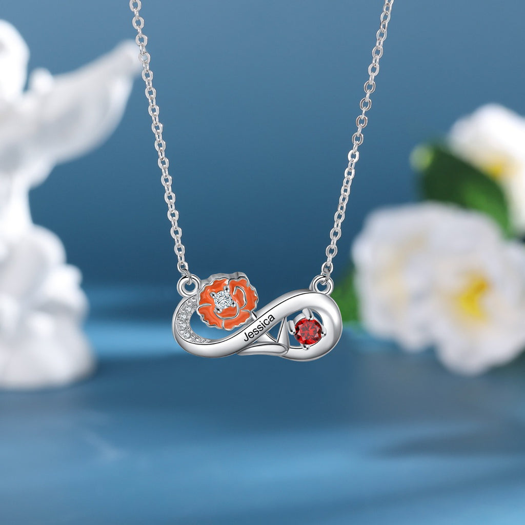 Rhodium Plated Infinity Necklace with Birthflower
