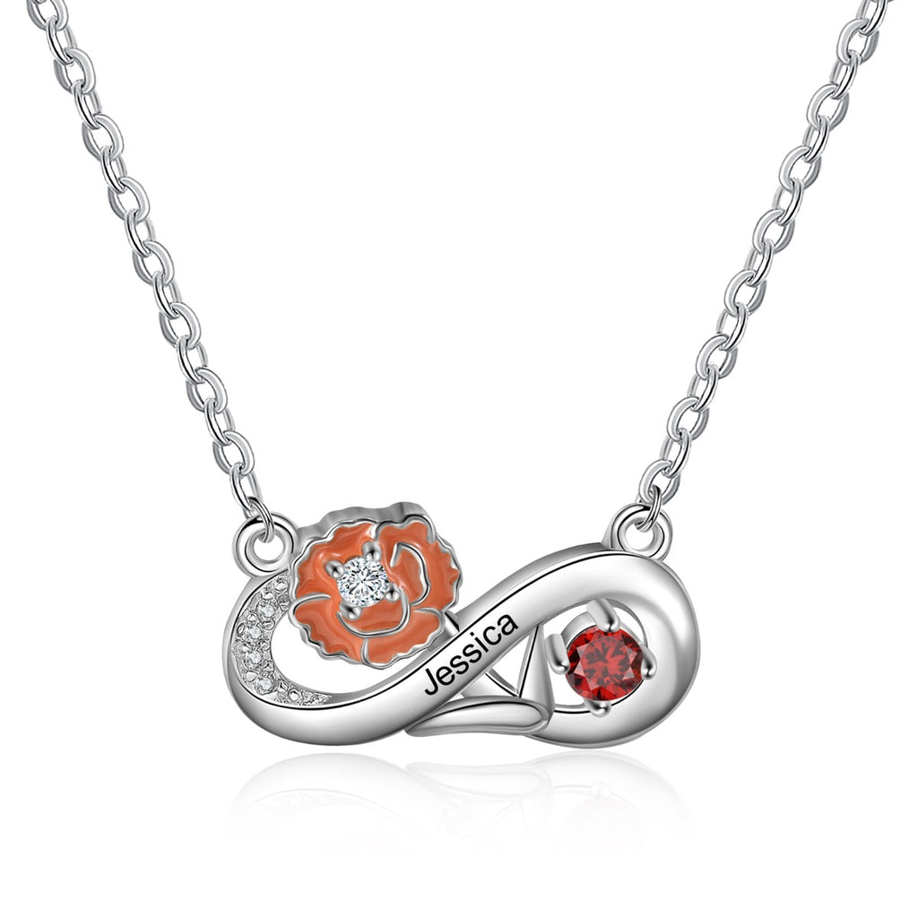 Rhodium Plated Infinity Necklace with Birthflower