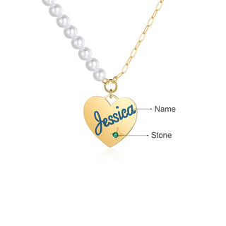 Personalized Birthstone Heart Pearl Name Necklace