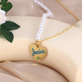 Personalized Birthstone Heart Pearl Name Necklace