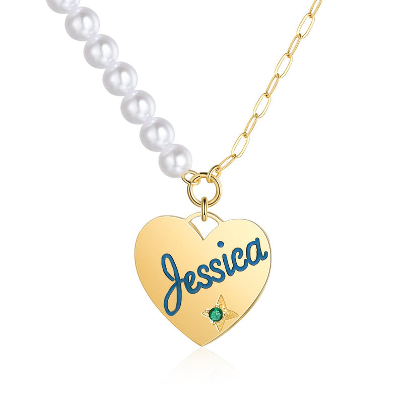 Personalized Birthstone Heart Pearl Name Necklace
