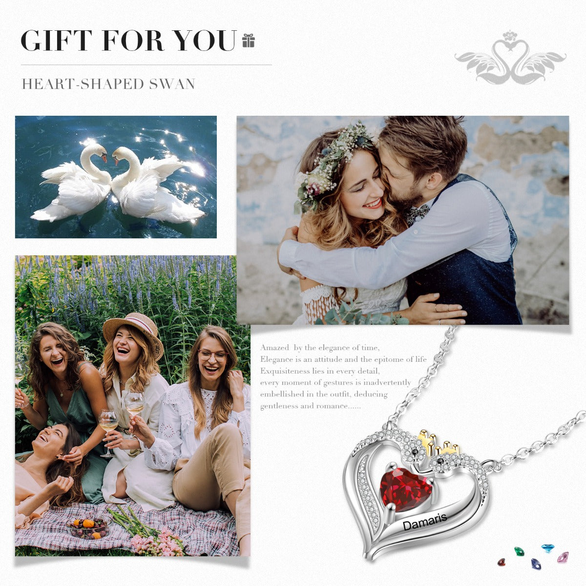 Personalized Birthstone Animal Swan Heart Shape Pendant Necklace