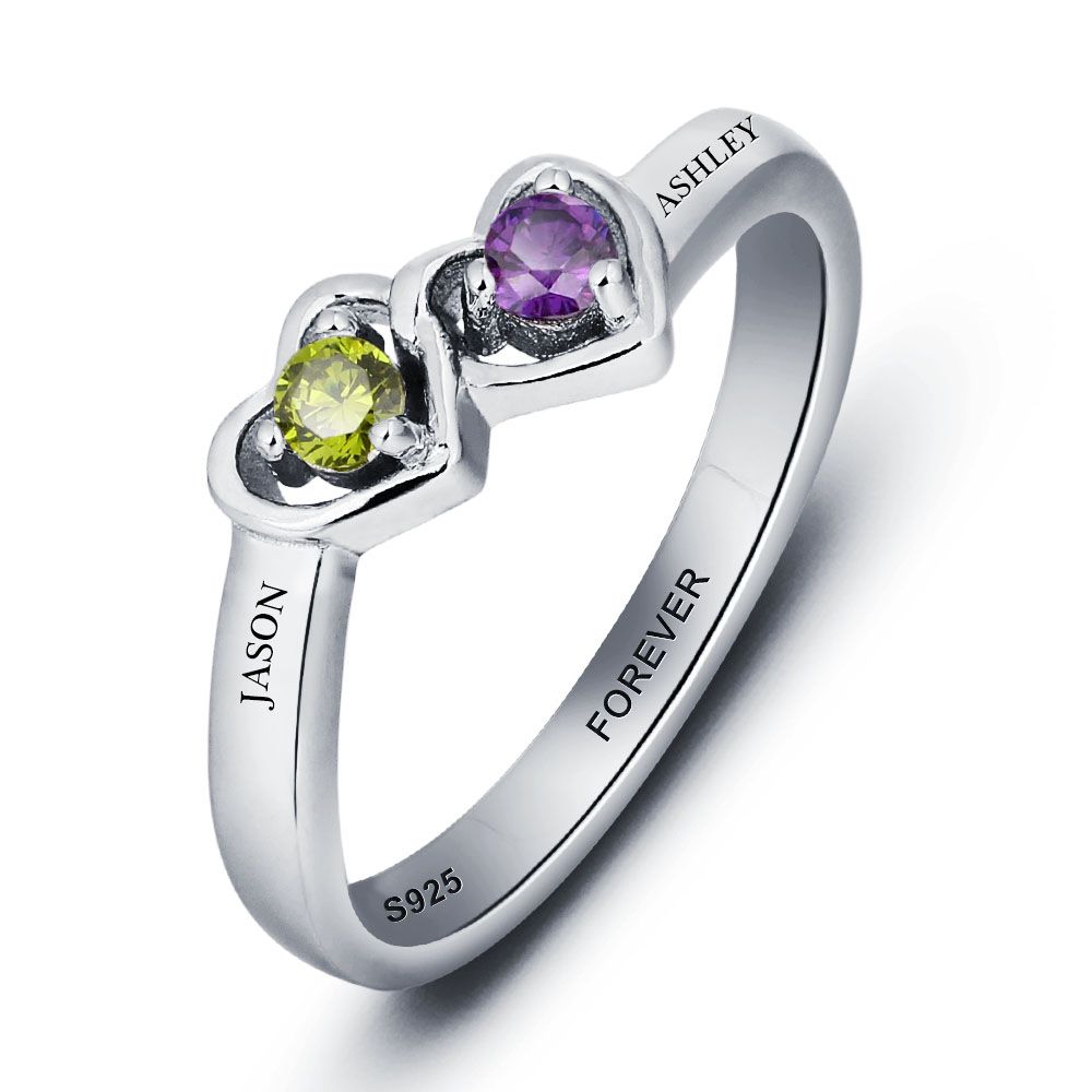 Personalized Two heart-shaped zircon 925 sterling silver ring