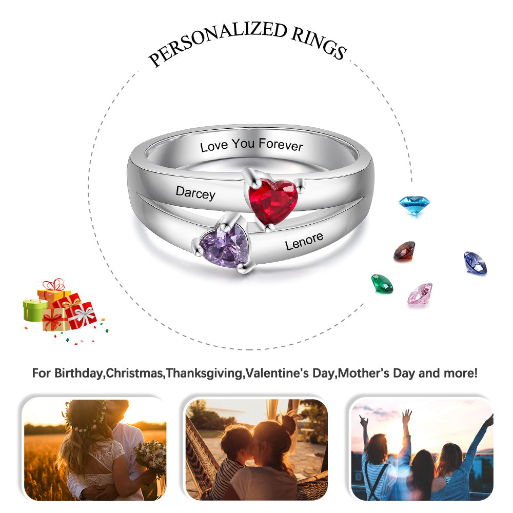 925 Sterling Silver Double Heart Birthtsone Ring