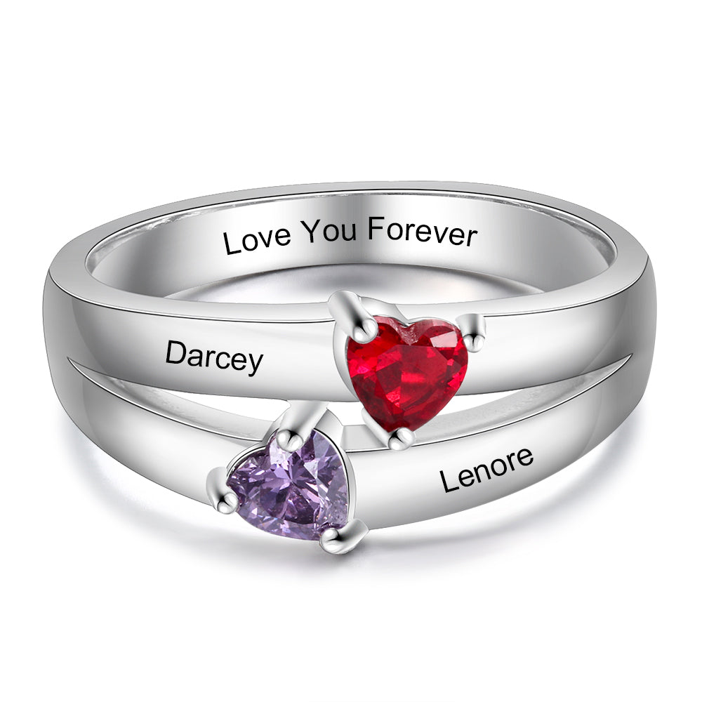 925 Sterling Silver Double Heart Birthtsone Ring