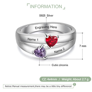 925 Sterling Silver Double Heart Birthtsone Ring