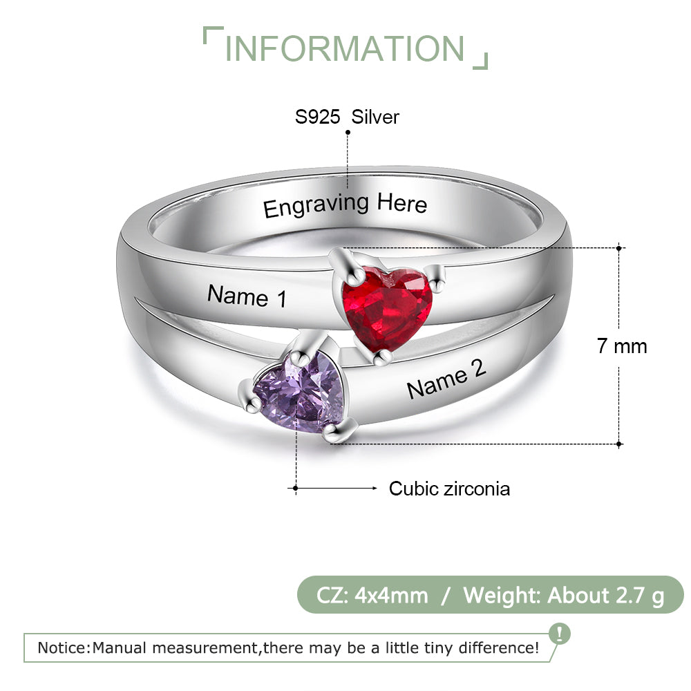 925 Sterling Silver Double Heart Birthtsone Ring