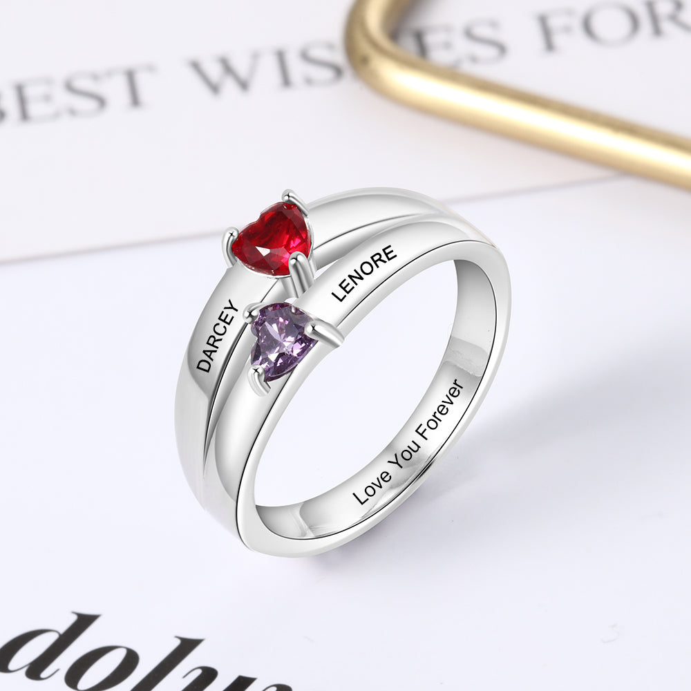 925 Sterling Silver Double Heart Birthtsone Ring