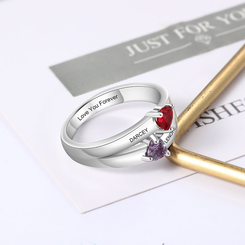 925 Sterling Silver Double Heart Birthtsone Ring