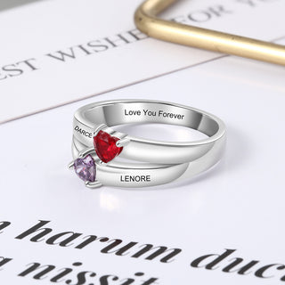 925 Sterling Silver Double Heart Birthtsone Ring