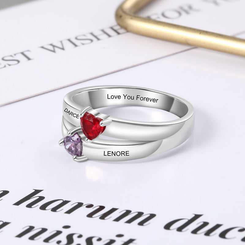 925 Sterling Silver Double Heart Birthtsone Ring