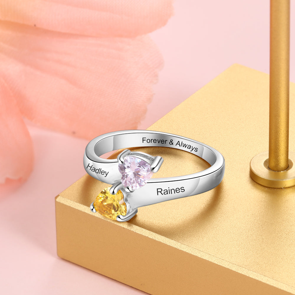 Two Birthstone & Engraved 925 Sterling Silver Ring