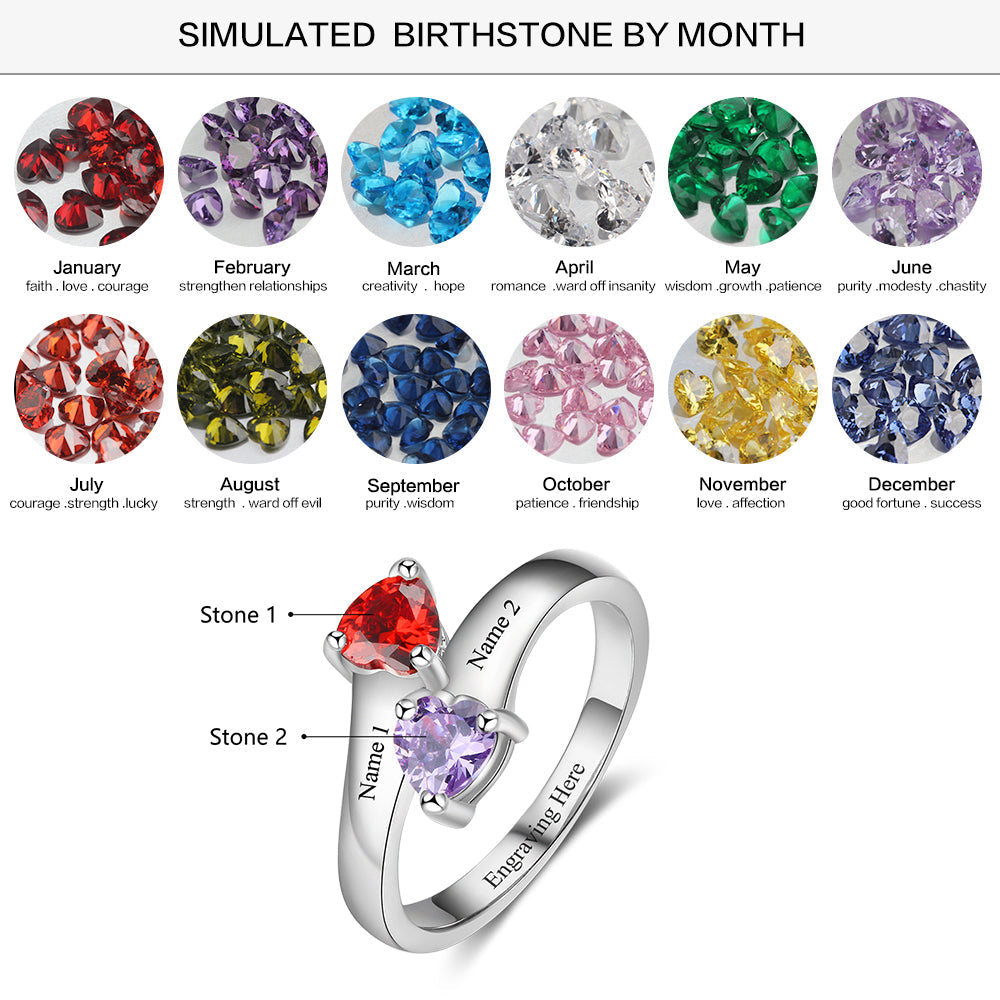 Two Birthstone & Engraved 925 Sterling Silver Ring