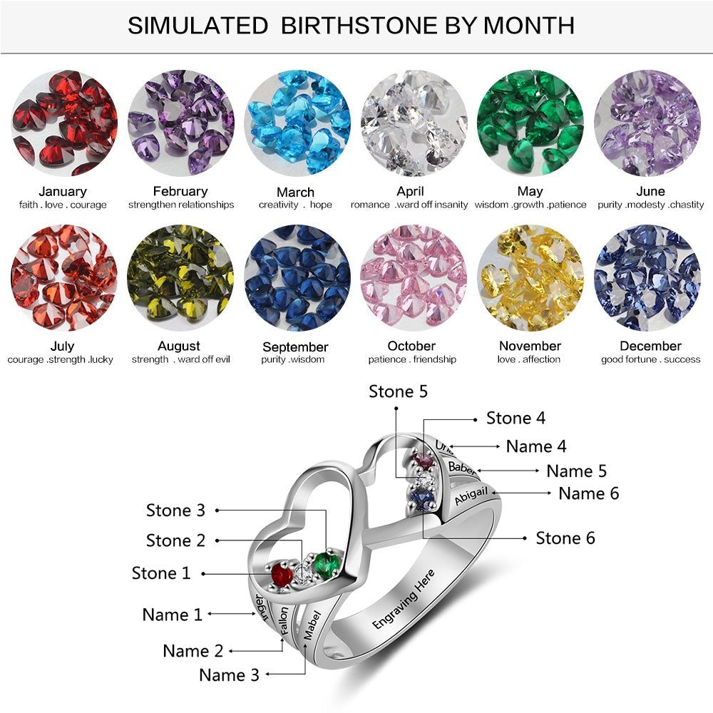 925 Sterling Silver Heart Shape Rings with Birthstones