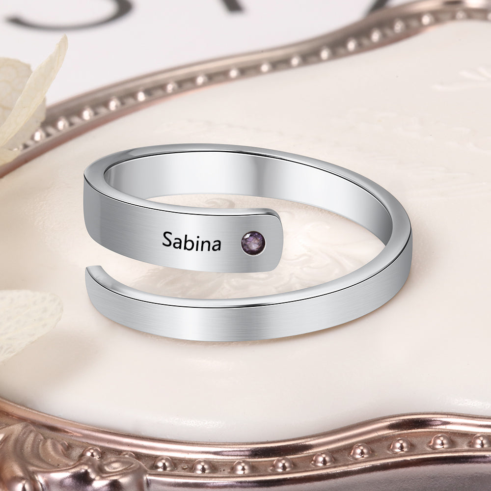 Birthstone & Engraved Stainless Steel Ring