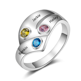 925 Silver Three Birthstone Ring with Custom Names