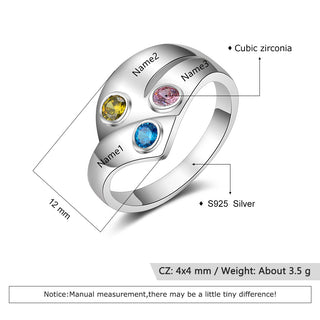 925 Silver Three Birthstone Ring with Custom Names