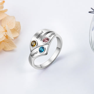 925 Silver Three Birthstone Ring with Custom Names