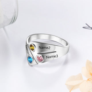 925 Silver Three Birthstone Ring with Custom Names
