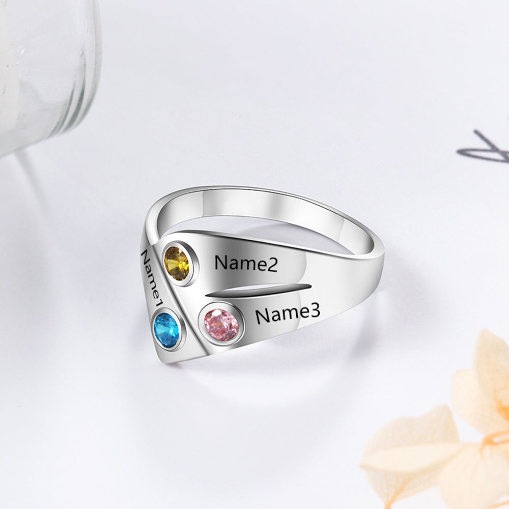 925 Silver Three Birthstone Ring with Custom Names