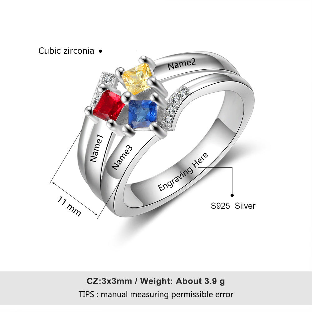 925 Sterling Silver Birthstones Ring with Names