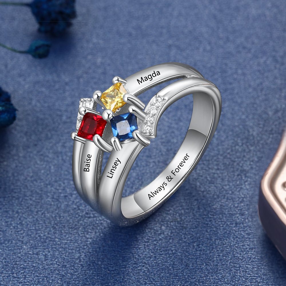 925 Sterling Silver Birthstones Ring with Names