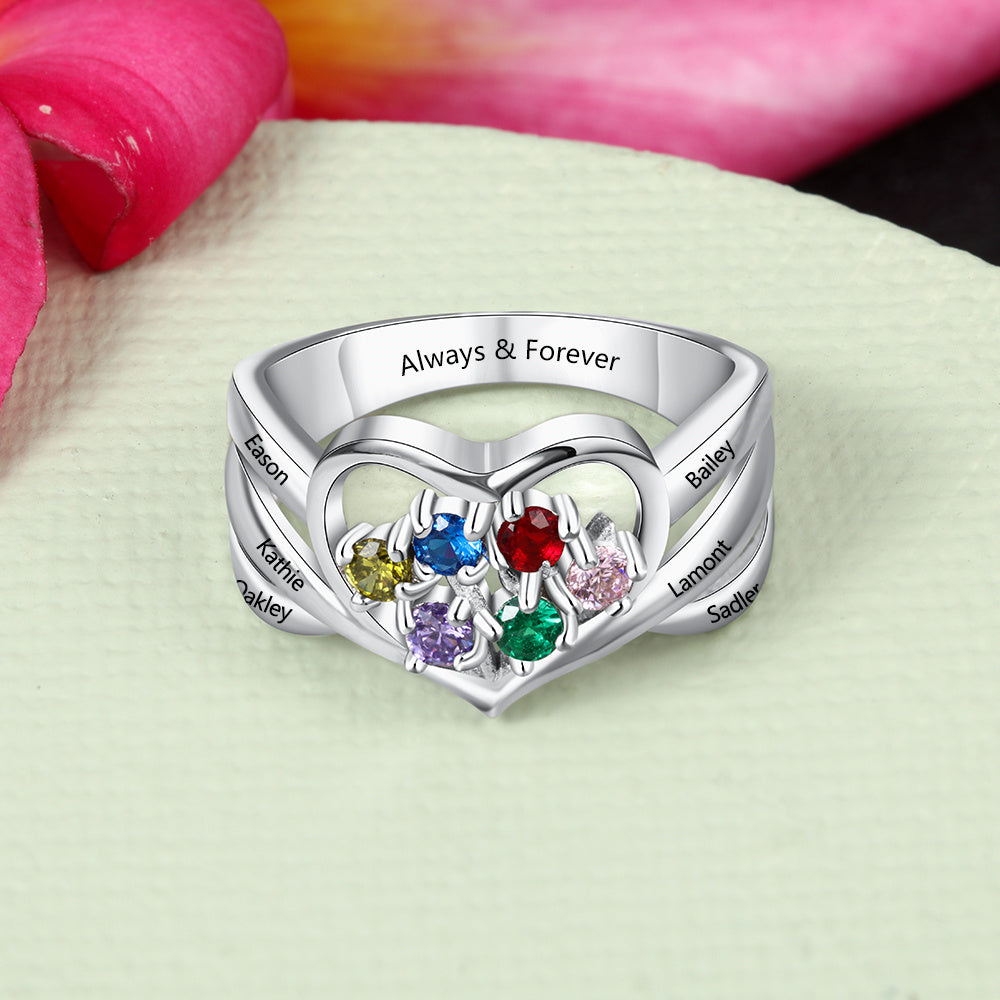 925 Silver Heart Shape Ring with Birthstones