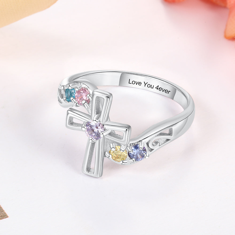 925 Silver Cross Name Ring with Birthstone