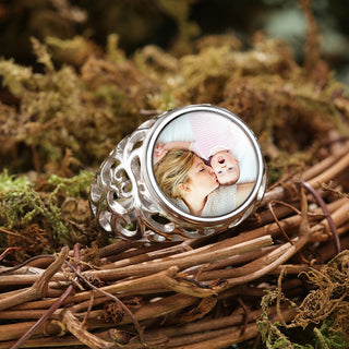 Personalized Photo Charm Rhodium Plated Ring
