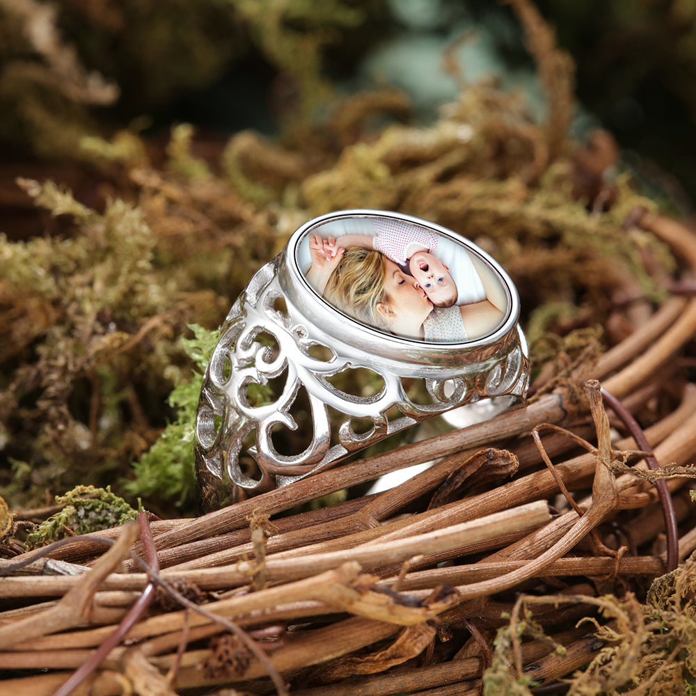 Personalized Photo Charm Rhodium Plated Ring