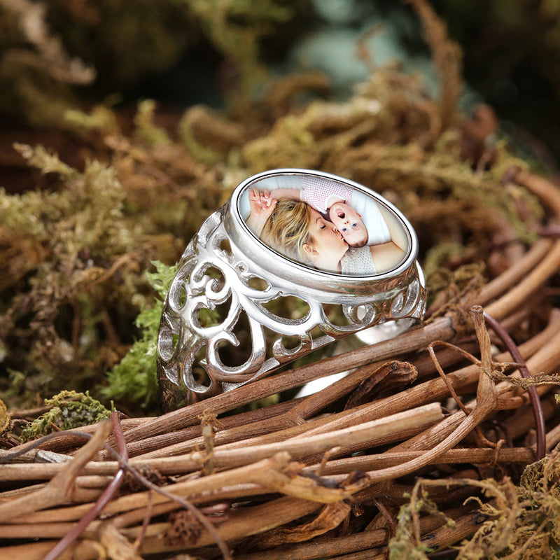 Personalized Photo Charm Rhodium Plated Ring
