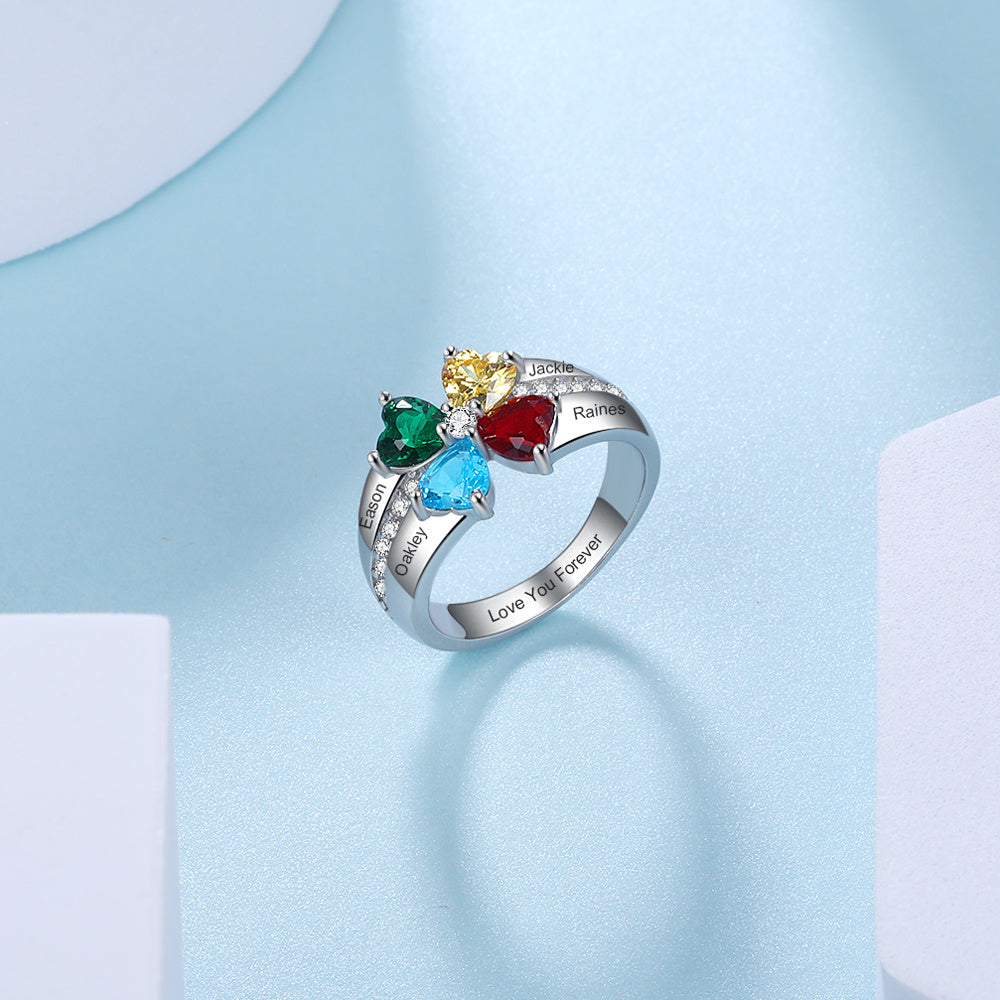 925 Silver Birthstone Ring with Engraving Names