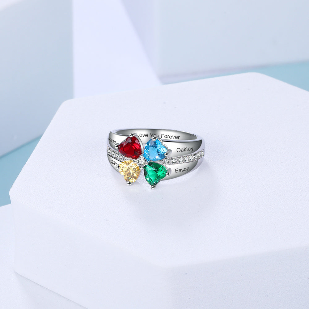 925 Silver Birthstone Ring with Engraving Names