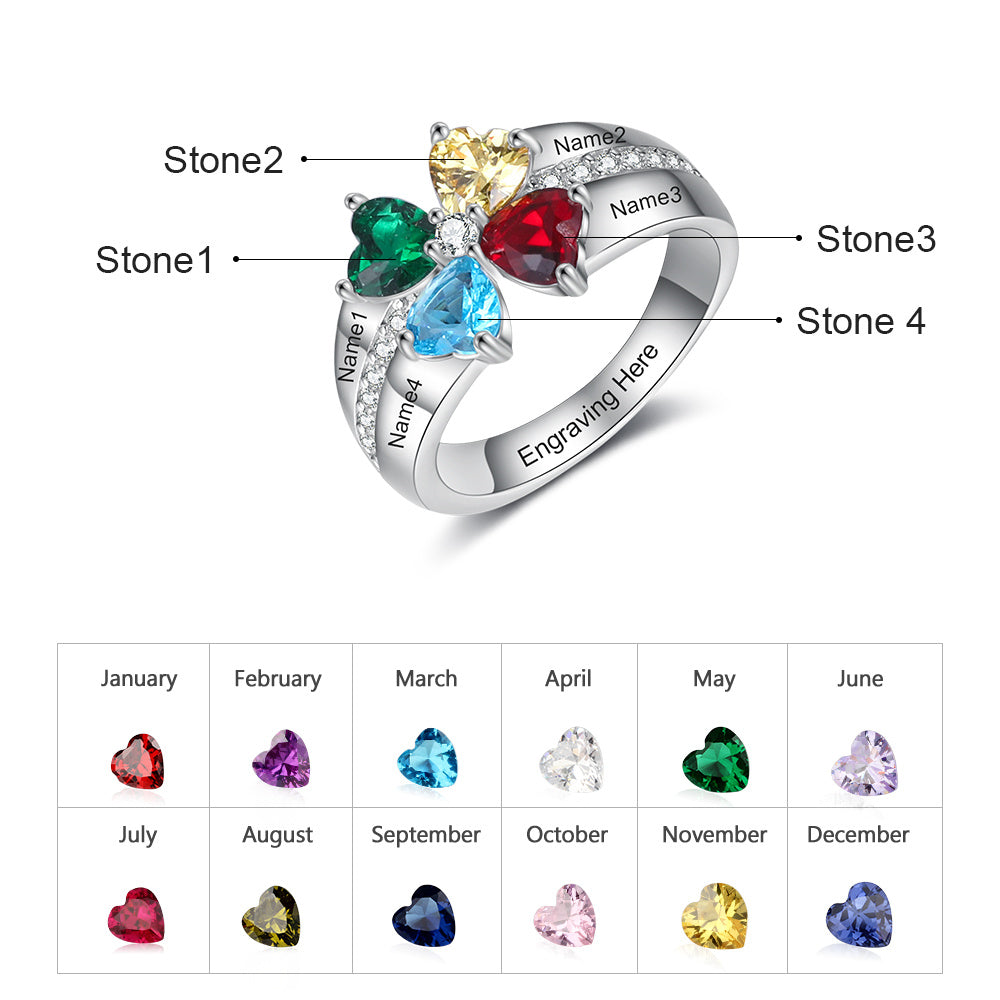 925 Silver Birthstone Ring with Engraving Names