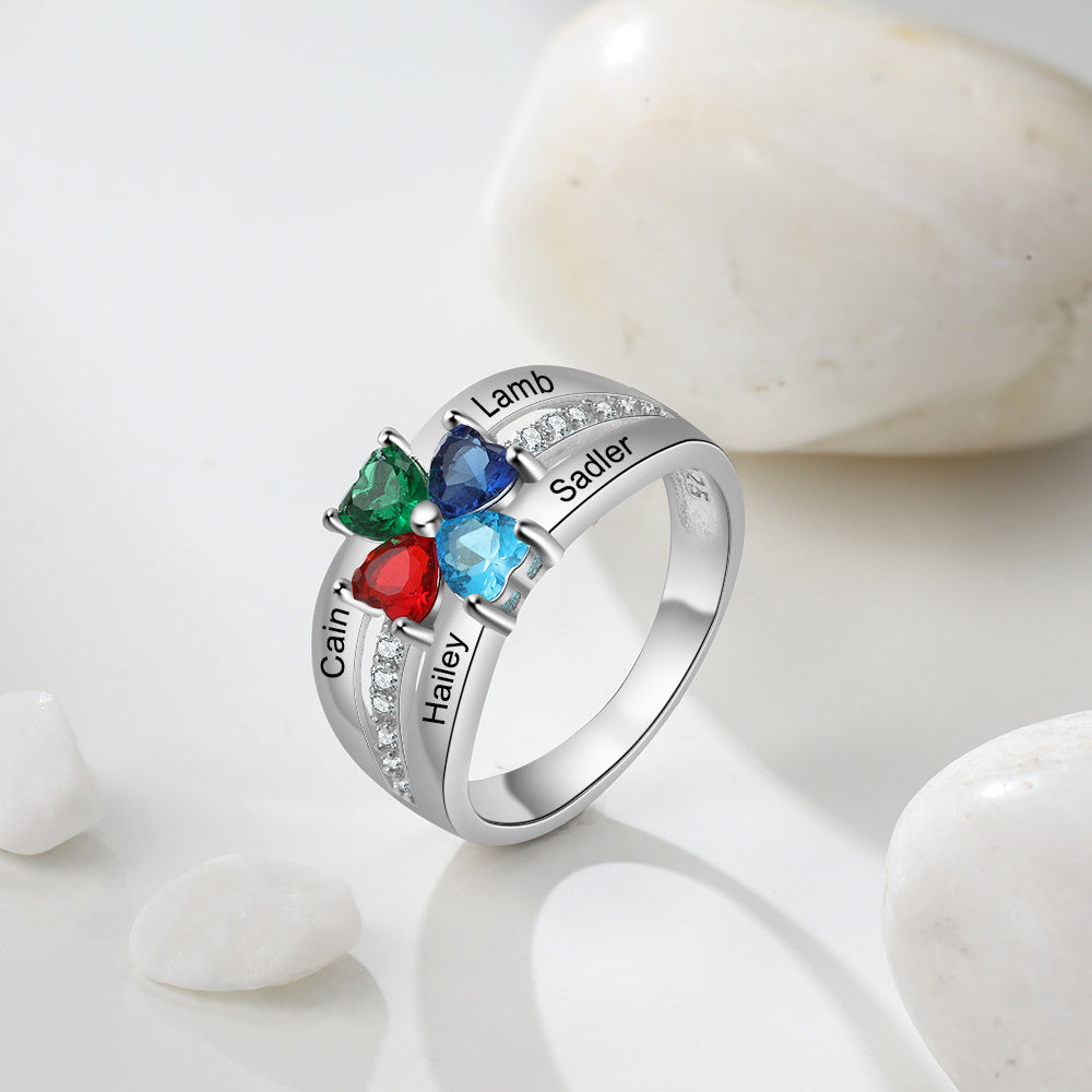 Custom Heart Birthstone Flower Rings for Mother