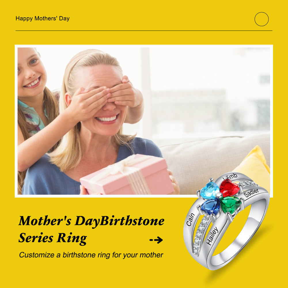 Custom Heart Birthstone Flower Rings for Mother