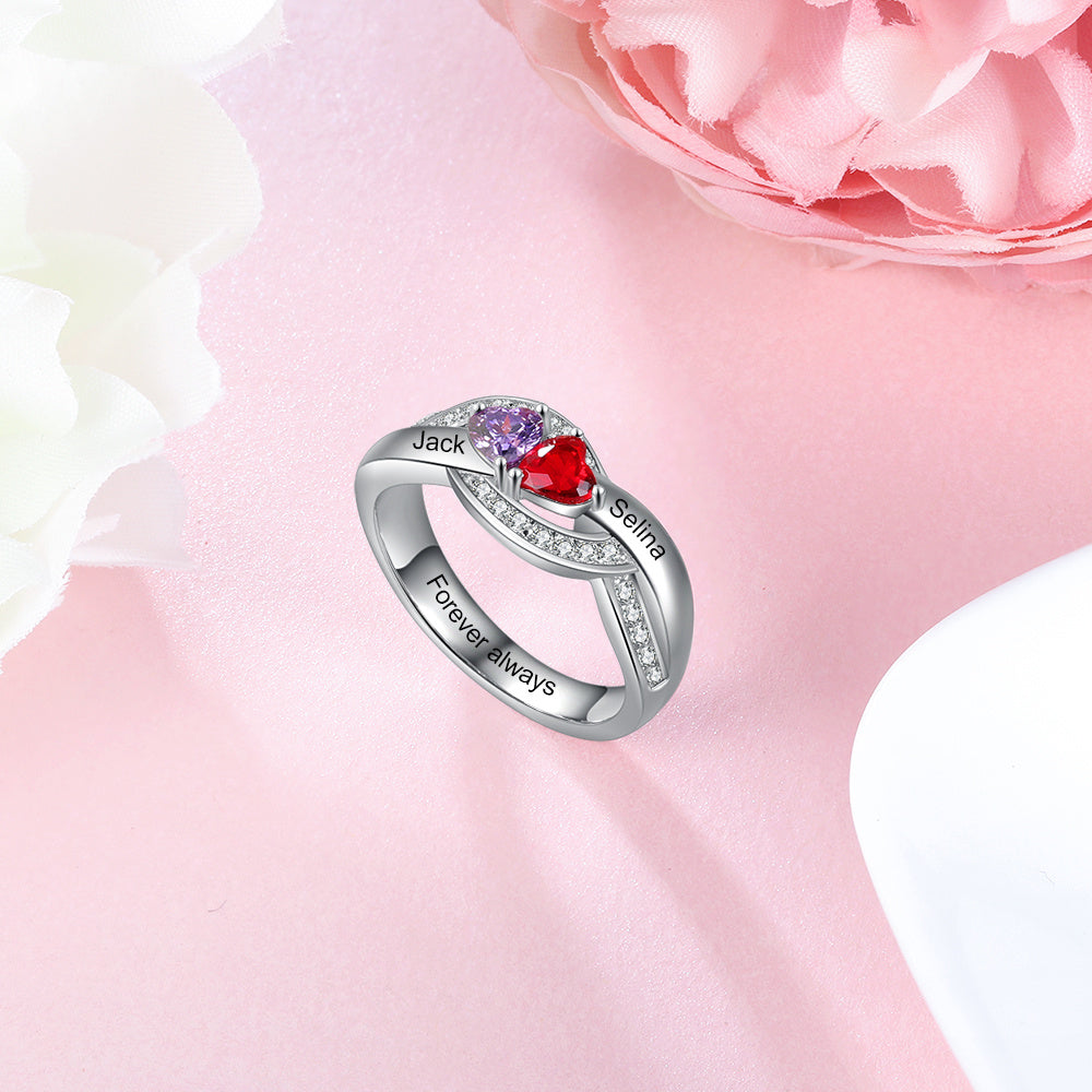 925 Staerling Silver Birthstone Rings with Engraved Names