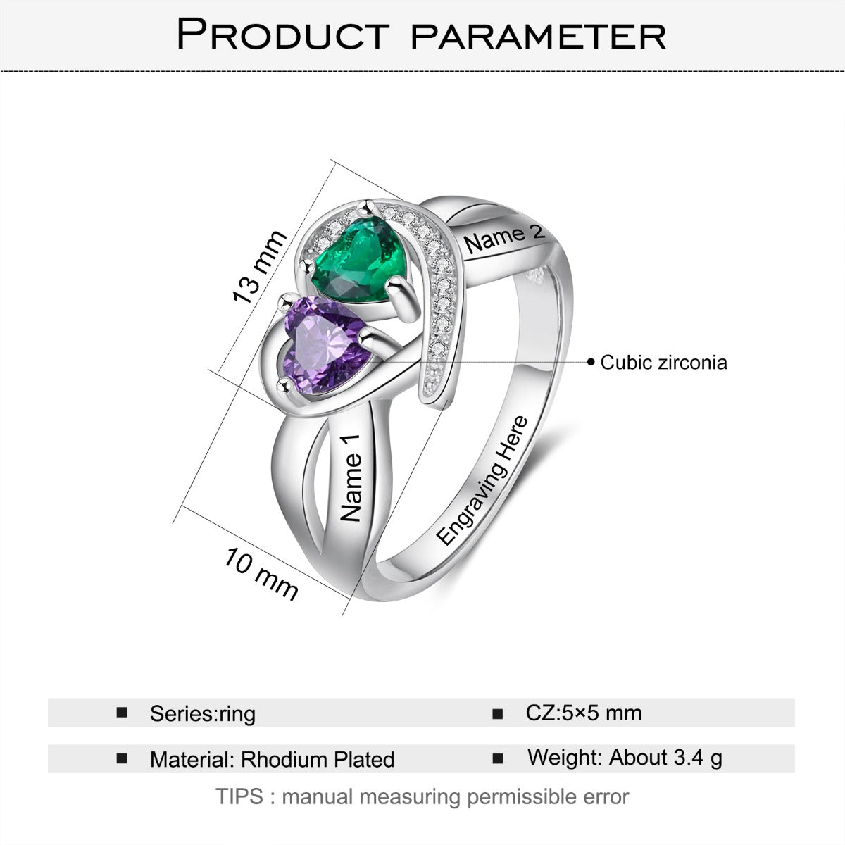 Rhodium Plated Heart Birthstone Ring