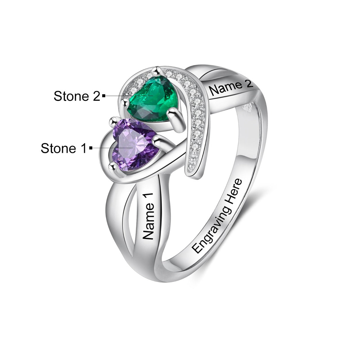 Rhodium Plated Heart Birthstone Ring