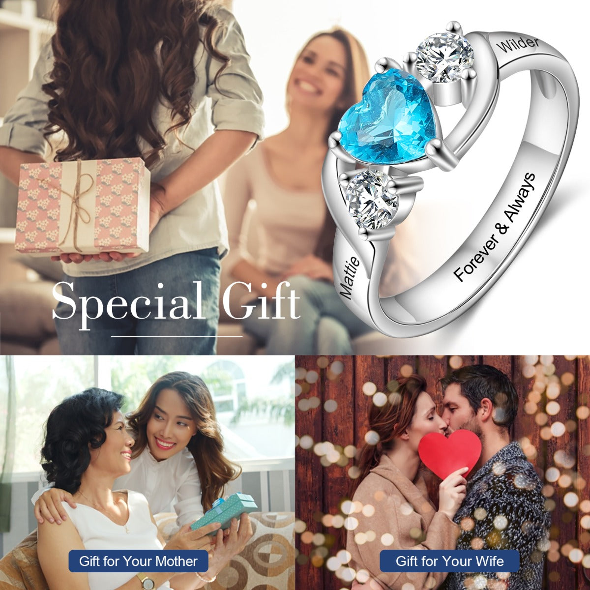 Rhodium Plated Heart Shape Birthstone Ring