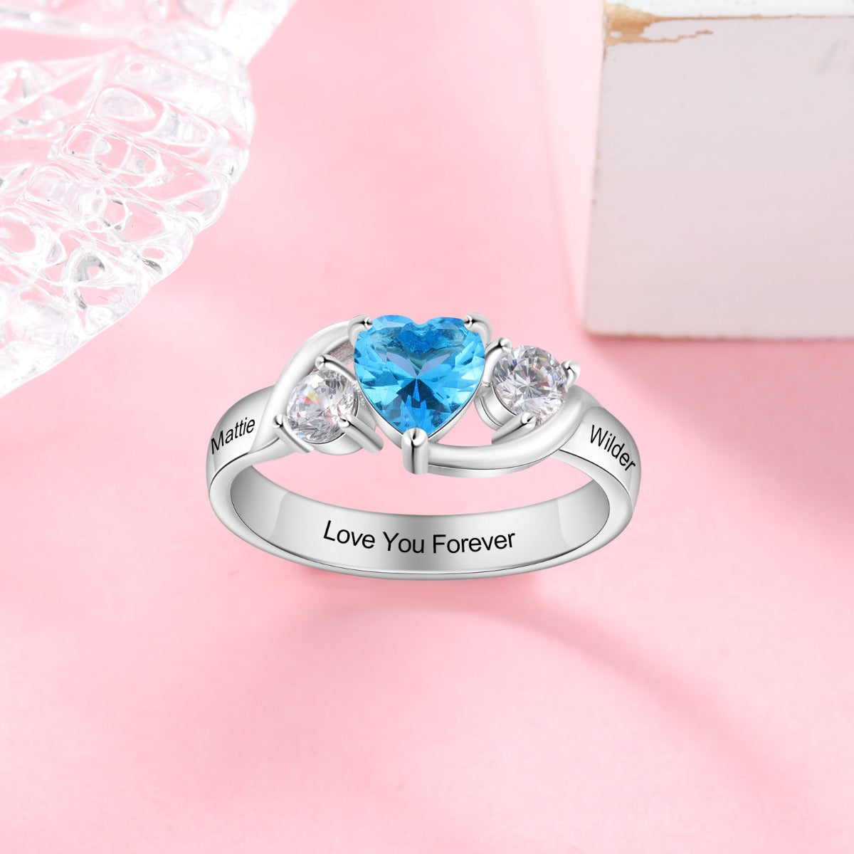 Rhodium Plated Heart Shape Birthstone Ring