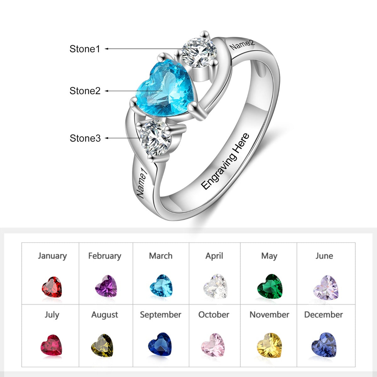 Rhodium Plated Heart Shape Birthstone Ring