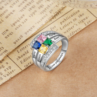 Birthstone & Engraved Rhodium plated Ring