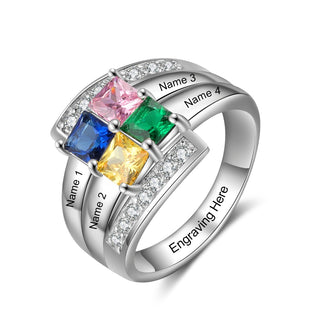 Birthstone & Engraved Rhodium plated Ring